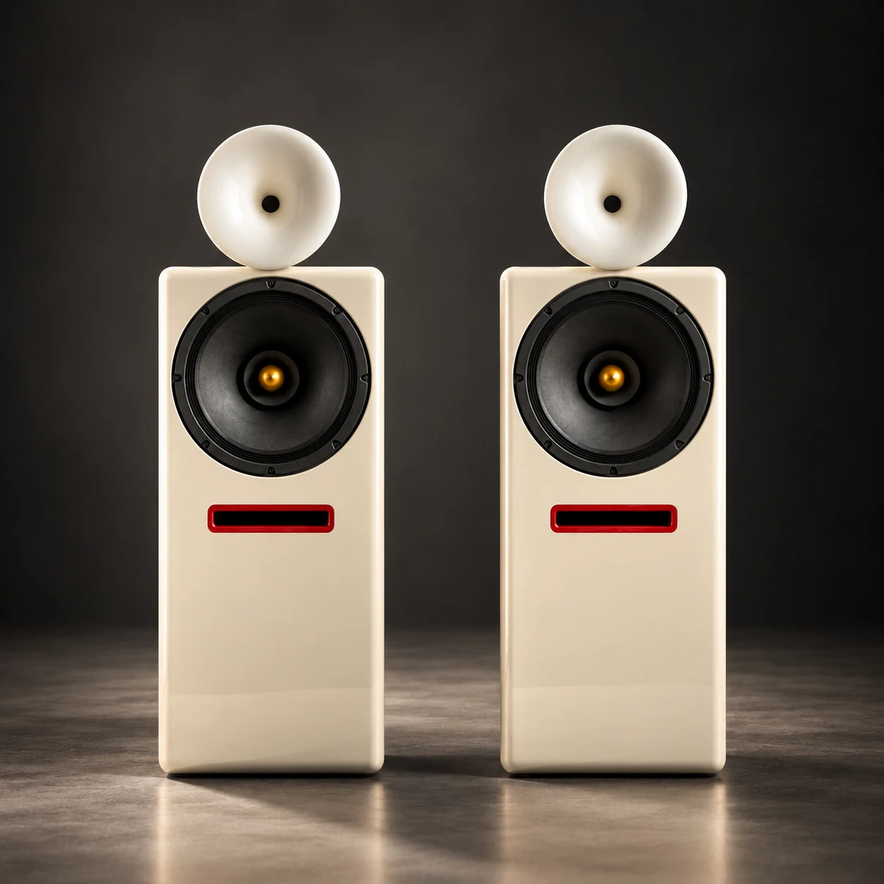 A pair of ivory tower speakers with circular horns against a dark background
