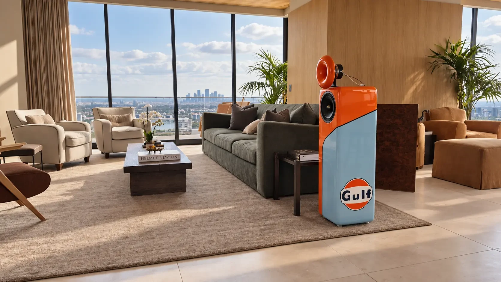 Orange and blue Gulf-inspired speaker in a penthouse living room
