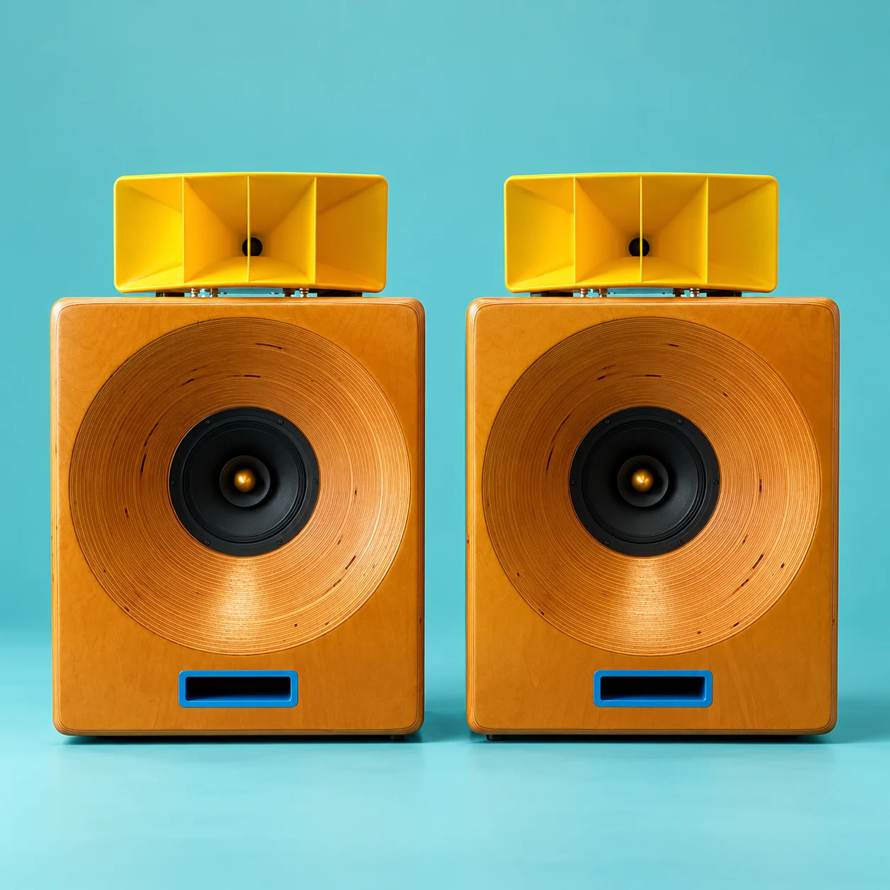Wooden speakers with yellow multi-cell horns against a turquoise background