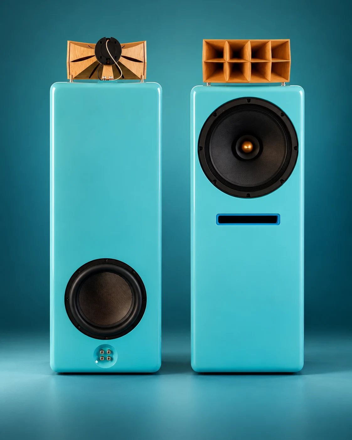 Two teal tower speakers with wooden horns in a studio